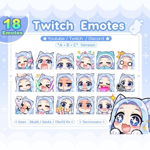 Lindos gestos de chica gata x18 / Cabello azul claro, ojos azules (versión A+B+C) / Paquete de gestos chibi / Twitch/Discord/Youtube/insignia / Kawaii / Gatita / Emoji