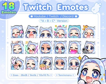 Cute Cat Girl emotes x18 | Light blue hair blue eyes (A+B+C Ver) | Chibi Emotes Pack | Twitch/Discord/Youtube/badge | Kawaii | Kitty | Emoji