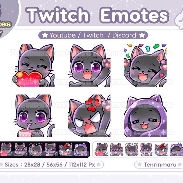 Cute Black Cat x6 | A Ver | Chibi Emotes Pack | Twitch/Discord/Youtube/badge | Kawaii cat/Kitty Cat