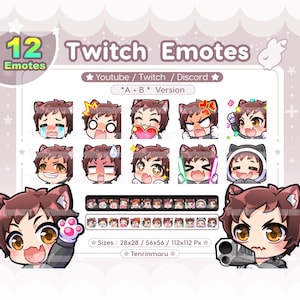 Cute Cat Boy emotes x12 | Brown hair Gold eyes (A+B Ver) | Chibi Emotes Pack | Twitch/Discord/Youtube/badge | Kawaii | Kitty Cat  | Emoji