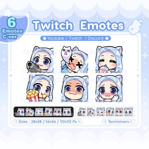 Cute Cat Girl emotes x6 | Light blue hair blue eyes (C Ver) | Chibi Emotes Pack | Twitch/Discord/Youtube/badge | Kawaii | Kitty Cat  | Emoji