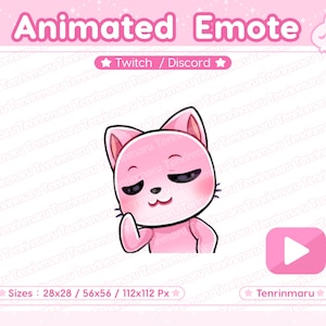 May include: A pink animated cat emote with a smug expression, holding up a paw. The image includes the text "Animated Emote" and "Twitch / Discord". The image is set against a pink background with a play button icon.