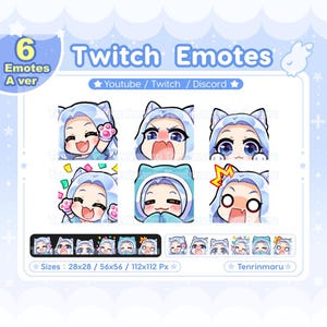 Cute Cat Girl emotes x6 | Light blue hair blue eyes (A Ver) | Chibi Emotes Pack | Twitch/Discord/Youtube/badge | Kawaii | Kitty Cat  | Emoji