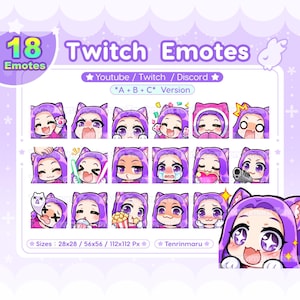 Lindos gestos de chica gata x18 / Cabello morado Ojos morados (versión A+B+C) / Paquete de gestos chibi / Twitch/Discord/Youtube/insignia / Kawaii/Gatita/Emoji