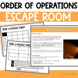 Op de afbeelding: Een educatieve Escape Room-set over de volgorde van bewerkingen met geprinte vellen met wiskundige puzzels, een Bidmas Break In missiebriefing en een cijfersleutel, inclusief tekst, vergelijkingen en een afbeelding van een lichtstraal.