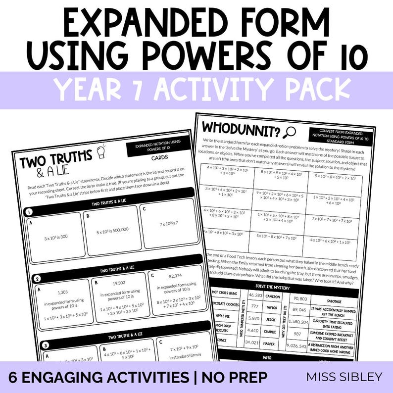 May include: An educational activity pack titled Expanded Form Using Powers of 10 Year 7 Activity Pack. It features two black and white worksheets with math problems, including Two Truths & A Lie cards and a Whodunnit mystery solving grid.