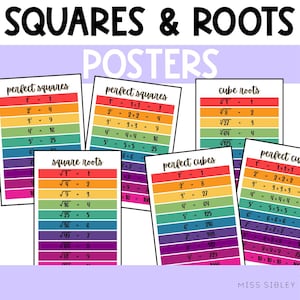Cuadrados perfectos, raíces cuadradas, cubos perfectos, raíces cúbicas, colores brillantes del arcoíris, carteles de matemáticas / tabla de referencia / imprimible /