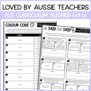 May include: Two black and white educational math worksheets featuring text and tables. The left sheet is titled COLOUR CODE and the right sheet is titled HE SAID SHE SAID. Both pages contain numbered math problems related to expanded notation and powers of 10.