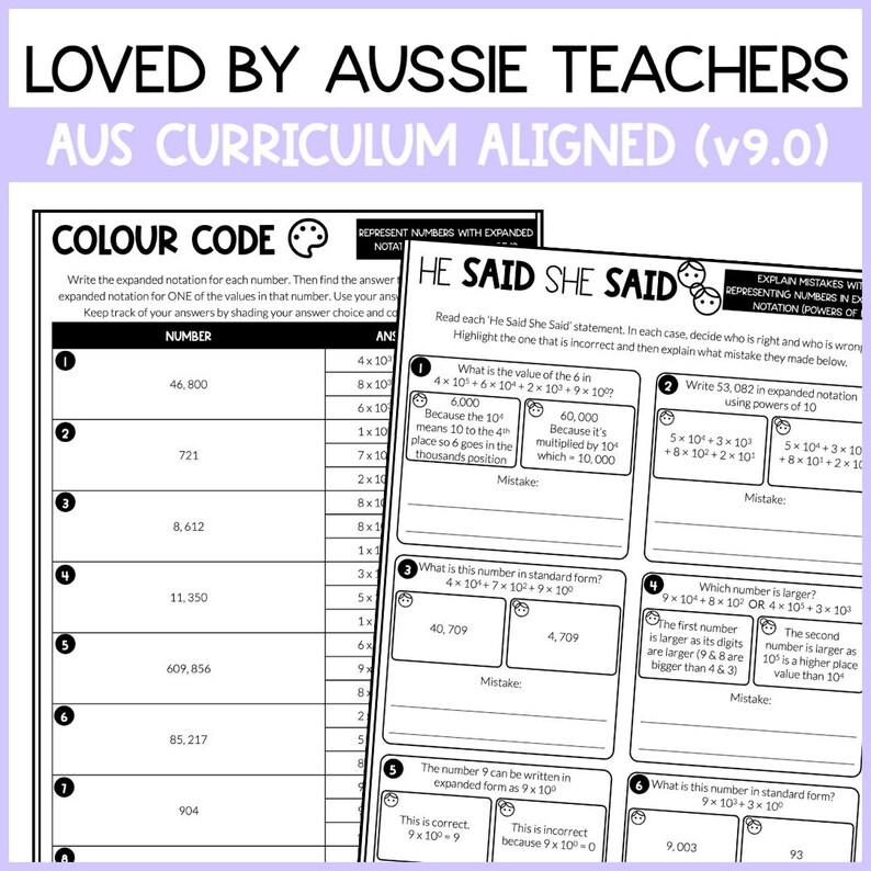 May include: Two black and white educational math worksheets featuring text and tables. The left sheet is titled COLOUR CODE and the right sheet is titled HE SAID SHE SAID. Both pages contain numbered math problems related to expanded notation and powers of 10.