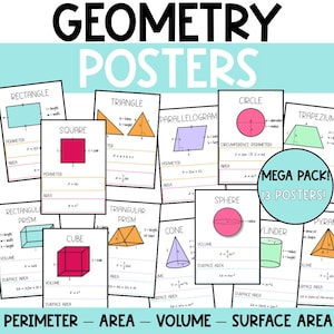 以下が含まれることがあります： 教室で使用するための13枚のカラフルな幾何学ポスターのセット。ポスターには、長方形、正方形、三角形、円、平行四辺形、台形、直方体、立方体、三角柱、円錐、球体、円柱、ピラミッドなど、さまざまな形が描かれています。各ポスターには、周囲長、面積、体積、表面積の公式が記載されています。