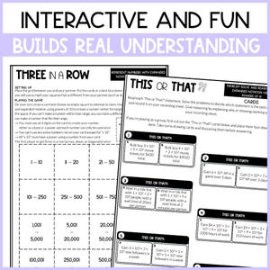 May include: Educational math activity sheets featuring a Three in a Row game grid and This or That problem cards. The pages include instructions for playing, number ranges, and mathematical expressions using powers of 10 on a white background.