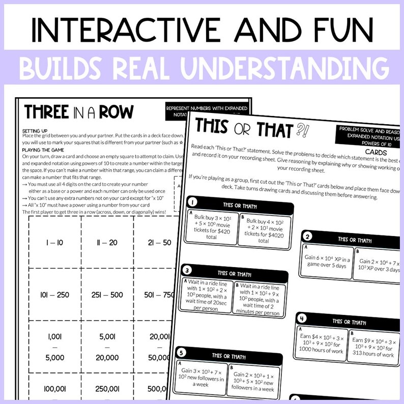 May include: Educational math activity sheets featuring a Three in a Row game grid and This or That problem cards. The pages include instructions for playing, number ranges, and mathematical expressions using powers of 10 on a white background.