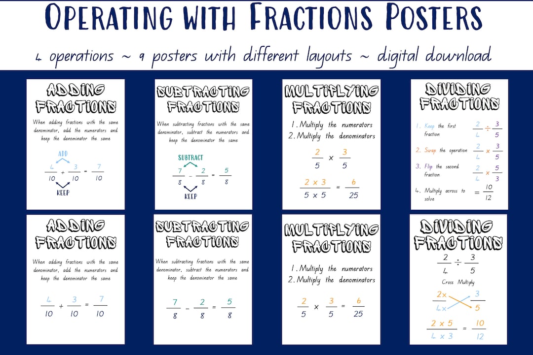 Fractions Posters Adding Subtracting Multiplying and - Etsy