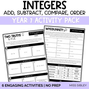 May include: A Year 7 activity pack for integers featuring black and white worksheets. One page includes Two Truths & A Lie math problems, while the other is a Whodunnit mystery activity with addition and subtraction equations and a solution table.