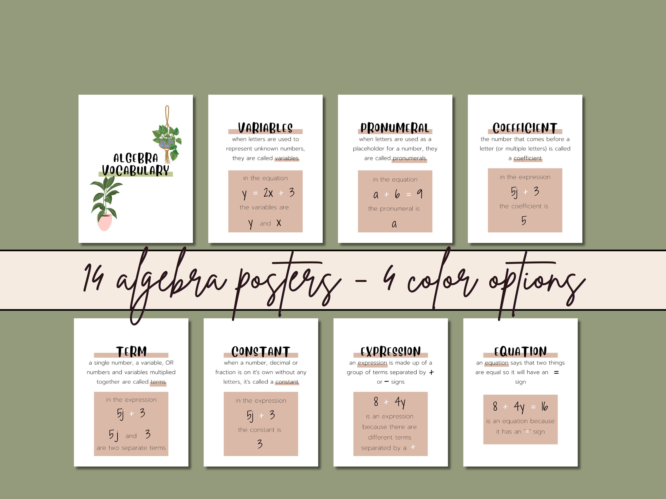 Earthy Tones, Boho Algebra Math Posters Set of 14 Algebra Vocabulary ...