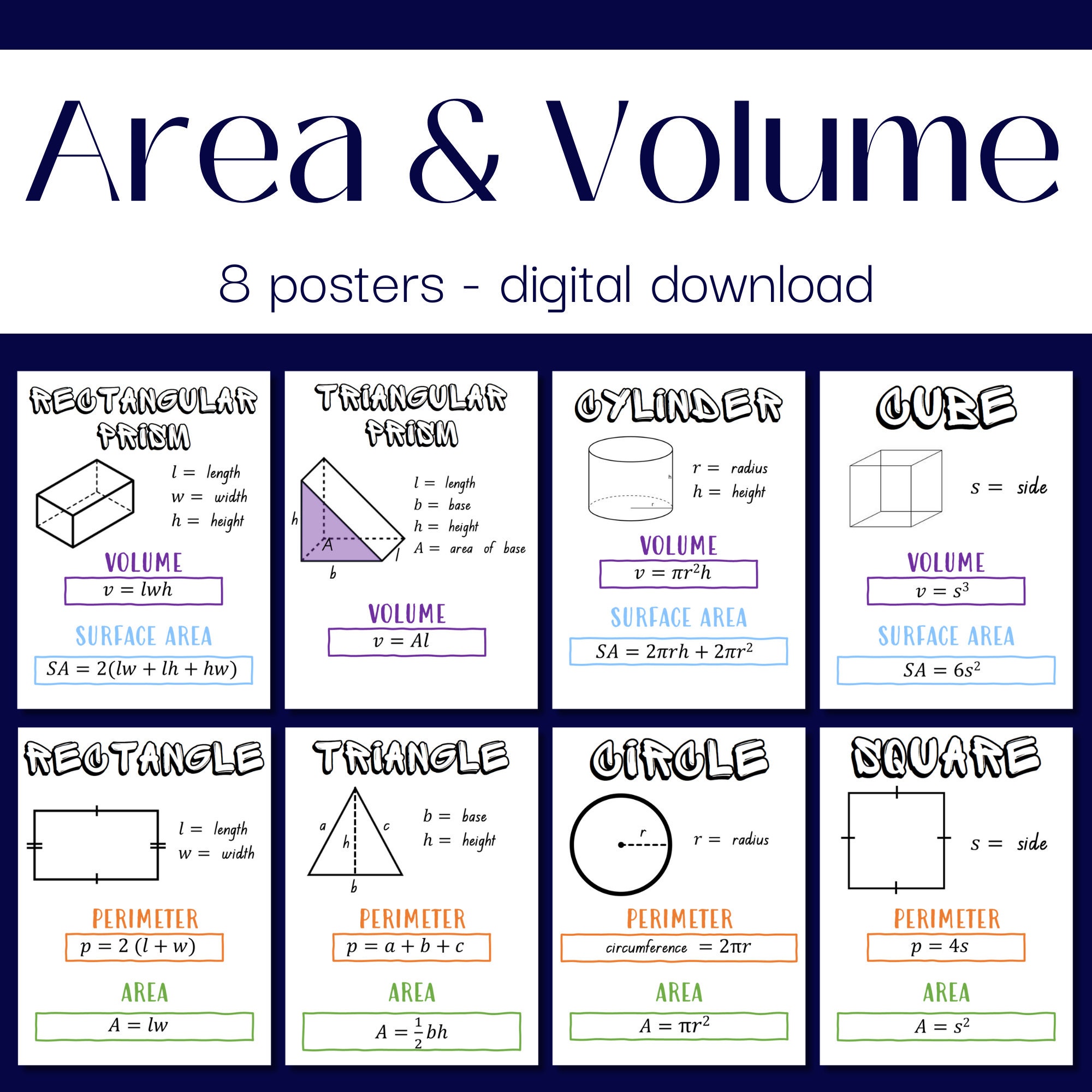 Perimeter, Area, Volume and Surface Area | Geometry Posters Set of 8 ...