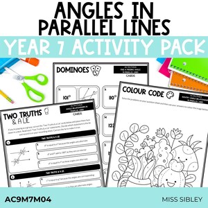 Puede incluir: Un paquete de actividades de séptimo grado titulado Angles in Parallel Lines que incluye hojas de trabajo educativas. El paquete contiene un juego de dominó, un ejercicio de matemáticas Two Truths & A Lie y una página Colour Code con una ilustración floral.