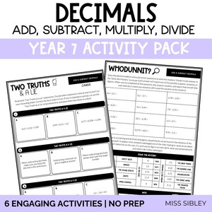 May include: A Year 7 activity pack titled Decimals Add, Subtract, Multiply, Divide. The pack includes two printed worksheets: one titled Two Truths & A Lie with decimal math problems, and another titled Whodunnit with a mystery solving grid.