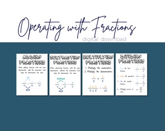 Fractions Posters | Adding, Subtracting, Multiplying and Dividing | Anchor Chart | Educational Posters | Printable | Digital Download