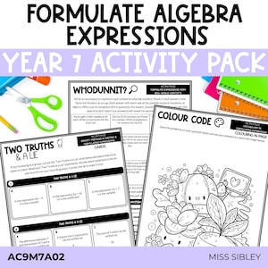 Op de afbeelding: Een jaar 7 activiteitenpakket getiteld Formulate Algebra Expressions door Miss Sibley. Het pakket bevat geprinte werkbladen met een Whodunnit mysterie, Two Truths & A Lie kaarten en een Colour Code pagina met een cactusillustratie.