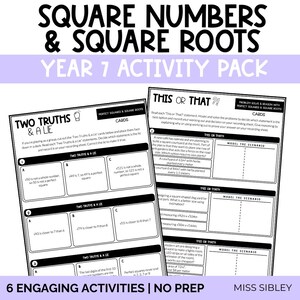 May include: A maths activity pack titled Square Numbers & Square Roots Year 7 Activity Pack. The document features black text on white paper, including sections labelled Two Truths & A Lie and This or That with maths problems and word scenarios.