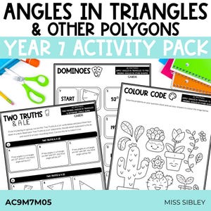 May include: A Year 7 activity pack titled Angles in Triangles & Other Polygons featuring black and white worksheets. Included are a dominoes game, a Two Truths & A Lie card set, and a color code page with line art of cacti and flowers.