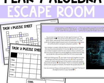 May include: A printable escape room activity for year 7 students. The activity is themed around algebra and features a puzzle sheet with a grid and equations. The text on the page reads "Year 7 Algebra Escape Room" and "Operation Codebreaker".