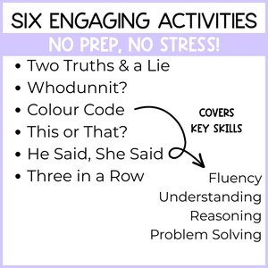 May include: A white educational sign with black text titled SIX ENGAGING ACTIVITIES NO PREP, NO STRESS! It lists Two Truths & a Lie, Whodunnit?, Colour Code, This or That?, He Said, She Said, and Three in a Row, with an arrow pointing to COVERS KEY SKILLS: Fluency, Understanding, Reasoning, Problem Solving.