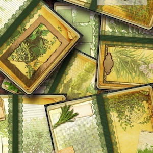 Puede incluir: Una pila de diarios vintage con ribetes de encaje verde e ilustraciones botánicas. Los diarios tienen un aspecto desgastado y antiguo y presentan imágenes de hierbas y plantas. El texto "HANA DIGITAL ART SHOP" es visible en el diario superior.