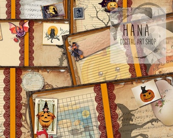 Puede incluir: Un collage digital de imágenes vintage de Halloween, que incluye una bruja, un gato negro, calabazas y una partitura musical. El collage está decorado con encaje naranja y rojo y el texto "HANA DIGITAL ART SHOP".