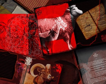 May include: A collage of red and black imagery featuring a sheep, a ram, and open books with text. The image includes the text "HANA DIGITAL ART SHOP" and symbols associated with Satanism. The overall theme is dark and occult.