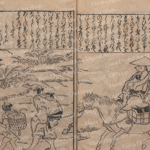 May include: A black and white illustration of a scene from a Japanese folktale. A man in a traditional hat rides a horse, while two other men walk behind him. The scene is set in a rural landscape with trees and a river.