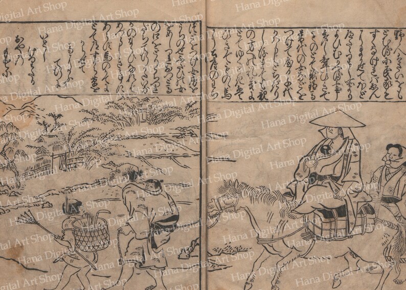 May include: A black and white illustration of a scene from a Japanese folktale. A man in a traditional hat rides a horse, while two other men walk behind him. The scene is set in a rural landscape with trees and a river.