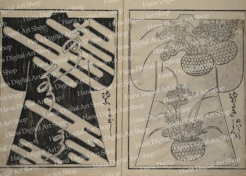 May include: A black and white illustration of two kimono designs. The first design features a geometric pattern with a curved line. The second design features two vases with flowers. The text "はぎ" is written in Japanese on both designs.