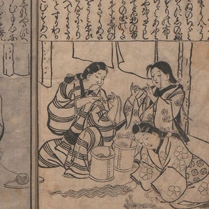 May include: Black and white illustration of three women sitting and working with string. The women are wearing traditional Japanese clothing. The illustration is from a Japanese book.