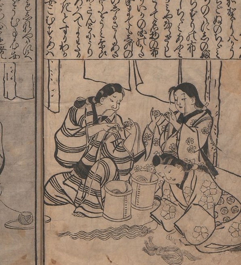 May include: Black and white illustration of three women sitting and working with string. The women are wearing traditional Japanese clothing. The illustration is from a Japanese book.
