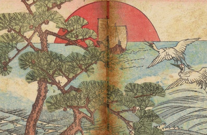 May include: A traditional Japanese woodblock print depicting a red sun setting over a body of water. Two white cranes fly in the sky above a pine tree and a boat. The print is in shades of blue, green, red, and brown.