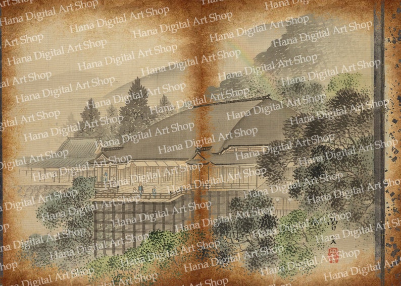 May include: A vintage-style illustration of a Japanese temple with a wooden structure and a tiled roof. The temple is surrounded by lush green trees and a mountain in the background. The image is printed on a textured paper with a faded brown color.