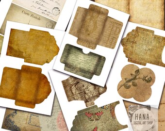 May include: A collection of vintage-style paper ephemera, including envelopes, postcards, and decorative cutouts. The designs feature aged textures, botanical illustrations, and handwritten script, with a color palette of sepia tones and faded hues.