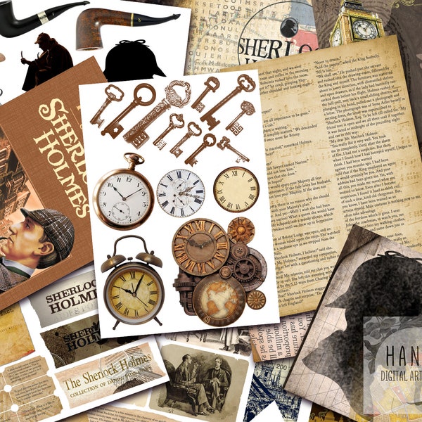 HUGE SHERLOCK HOLMES Kit, Ephemera, Junk Journal Kit, Scrapbooks, Paper Crafts, Instant Download, Brown Journal, Detective, Conan Doyle