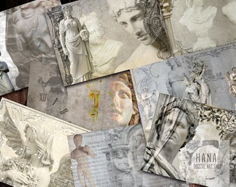 May include: A collage of vintage images featuring sculptures of angels, women, and men. The images are in shades of gray and white with a textured background. The text "HANA DIGITAL ART SHOP" is visible in the bottom right corner.