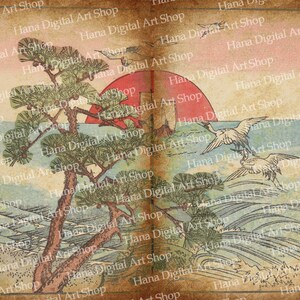 May include: A vintage Japanese woodblock print depicting a pine tree, a red sun setting over the ocean, and two cranes flying in the sky. The print is on a textured paper background with a faded, aged look.