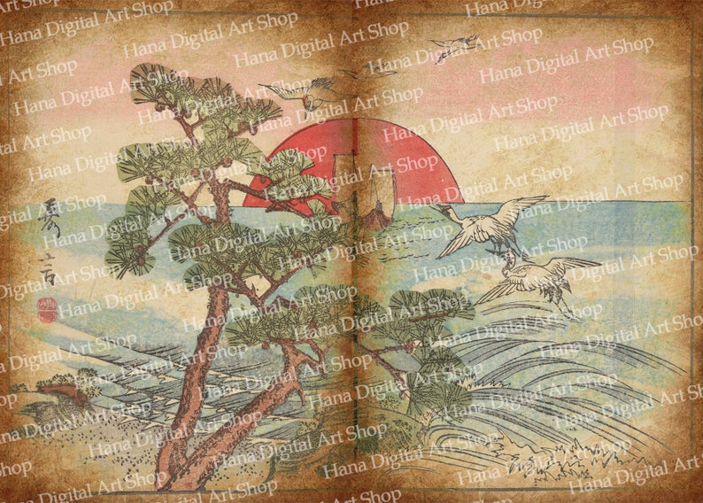 May include: A vintage Japanese woodblock print depicting a pine tree, a red sun setting over the ocean, and two cranes flying in the sky. The print is on a textured paper background with a faded, aged look.