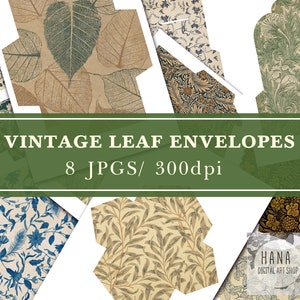 May include: A collection of vintage leaf envelopes with various botanical designs. The envelopes feature patterns of leaves and floral motifs in shades of brown, green, and blue. Text on the image reads "VINTAGE LEAF ENVELOPES" and "8 JPGs/ 300dpi".