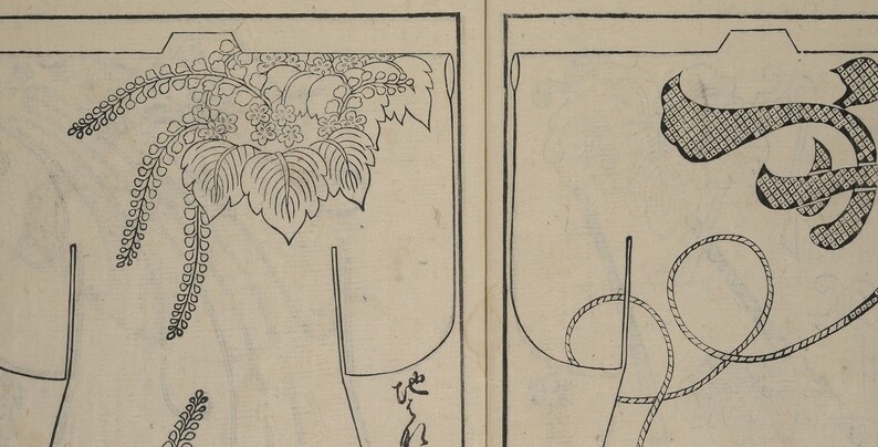 May include: A black and white illustration of two different embroidery designs. The first design features a floral motif with leaves and flowers. The second design features a stylized floral motif with a rope-like element.