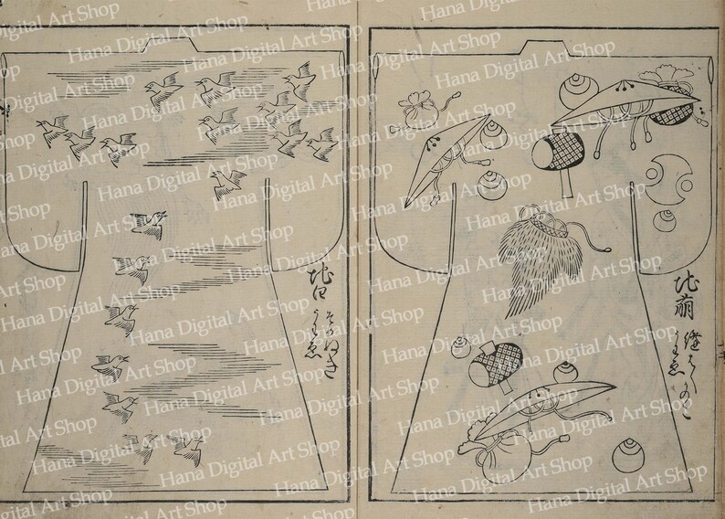 May include: A black and white illustration of a traditional Japanese kimono with a pattern of birds and clouds. The kimono is decorated with a variety of accessories, including a hat, a bag, and a tassel. The text "比翼" is written in Japanese characters on the left side of the image. The text "花御紋" is written in Japanese characters on the right side of the image.