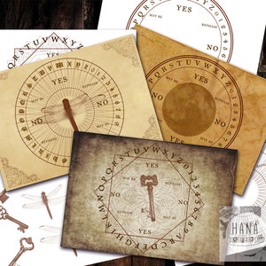 May include: Four vintage-style Ouija boards with different designs. Each board features a circular or square layout with letters, numbers, and the words "Yes", "No", and "Maybe". One board has a dragonfly design, another has a key design, and two have a blank centre.