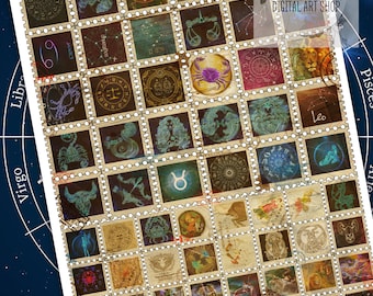 48 ZODIAC STAMPS, Printable Stamp, Vintage stamp, Horoscopes stamps, Digital Stamp, Digital Download stamps, Astrology stamps, Planets