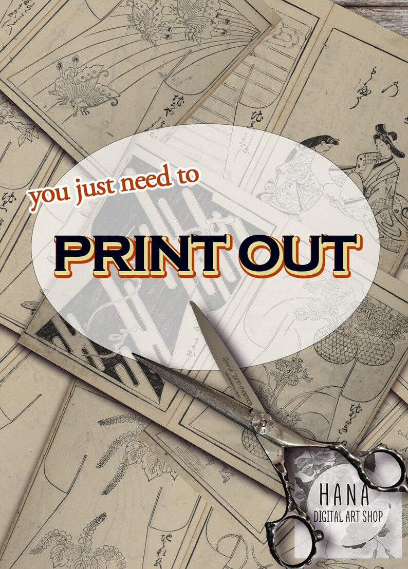 May include: A close-up of a stack of vintage Japanese paper patterns with a pair of scissors and a white circle with the text "you just need to PRINT OUT".