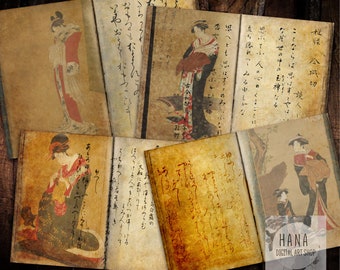 May include: A collection of vintage Japanese paper pages with illustrations of women in traditional clothing and handwritten text in Japanese. The pages are aged and have a worn, antique look.